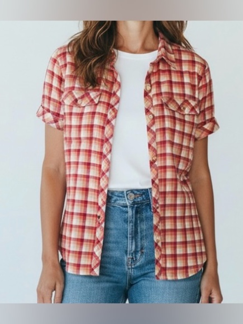 Eddie Bauer Womens Classic Fit Button Up Blouse Shirt Plaid Large EUC R